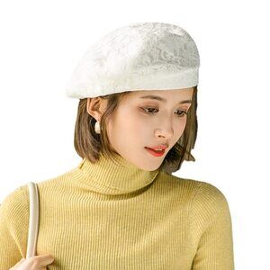 9759 Elegant Cotton Lace Summer Beret Hats For Women, White